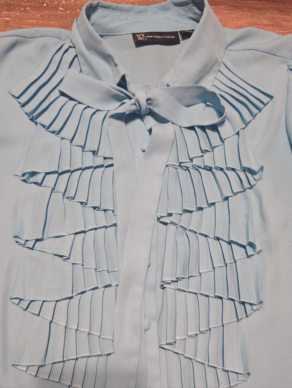 New York & Company Pale Blue Pleated Ruffle Tie-Neck Blouse